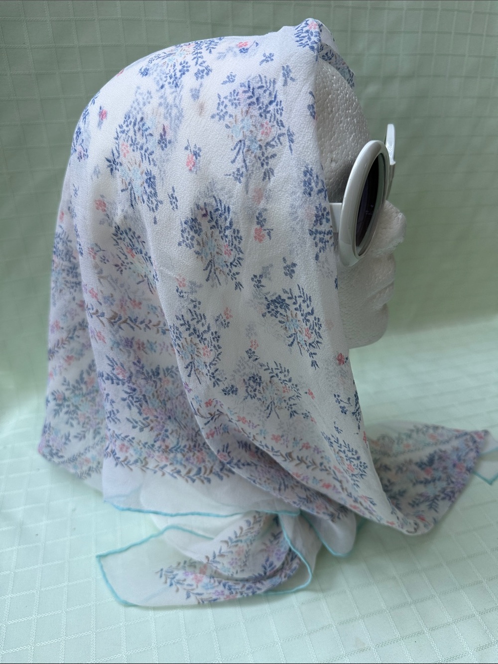 Vintage Boggia Bruno Lightweight Floral Silk Scarf - White with Blue & Pink